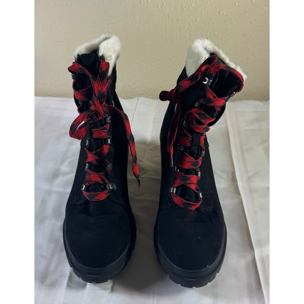 Fortune Womens Black Faux Fur Trim Lace Up Block Heel Lug Sole Boots Size 8.5M